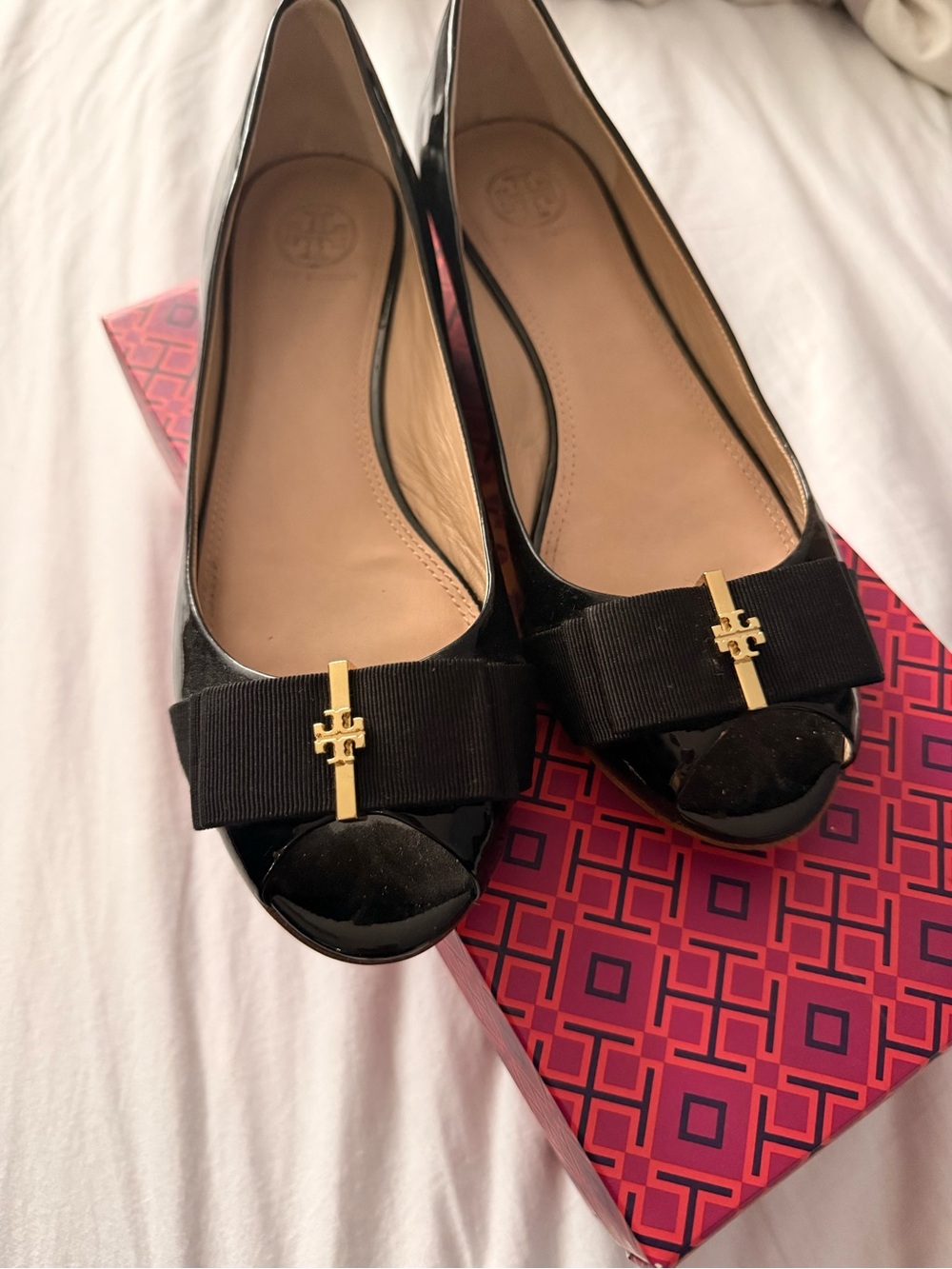 Tory Burch Black Patent Leather Bow Flats with Gold Logo